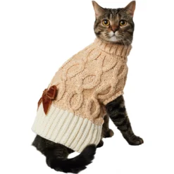 Frisco Cable Knit Dog & Cat Sweater Dress With Velvet Bow